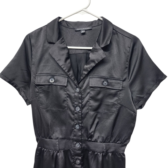 Haute Monde Black Satin Button-Up Shorts Romper Size Medium - Picture 2 of 8
